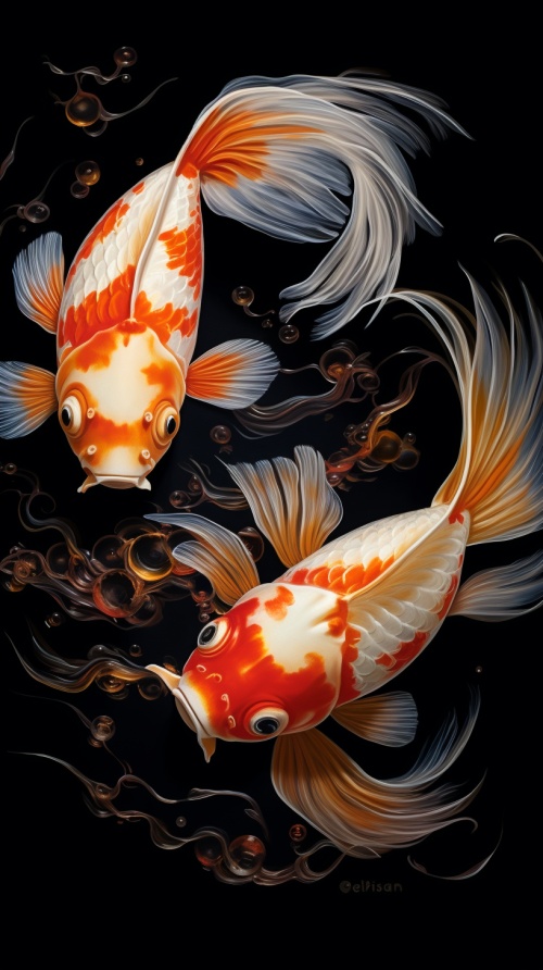 Two golden koi swimming in pool of water , spiral water effect , in the style of hyper - realistic animal illustrations , light gold and red , precisionist art , hyperrealistic rendering , graceful restraint v 6.0 ar 9:16
