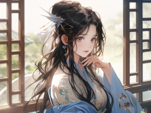 中国古代美丽的女孩，蓝色衣服，大大的眼睛，黑色长头发，开心，头上带着金钗，站在窗户旁