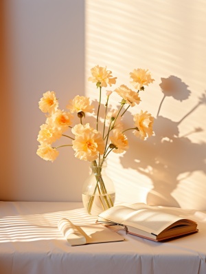3D渲染的书桌上，以迷人的花卉和书本静物，现实的光影写照，浅米色和黄色，注意留白，空间感