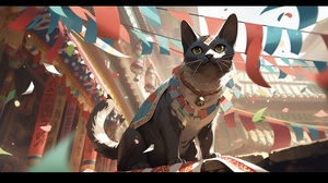 3D，敦煌壁画风格，一只敦煌猫咪，飘带飞舞，飞在空中，masterpiece,best quality,highly detailed,game_cg,敦煌壁画风格,black cat，敦煌猫咪，五彩斑斓的飘带，云雾halo,mononoke hime,multiple_cats,aqua_eyes,drill_hair,arms_crossed,