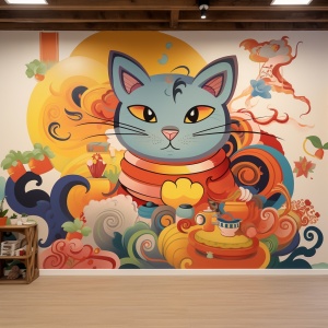 猫咪在中国风壁画中的神秘舞蹈