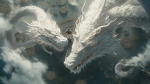Extreme top view, distant view,Boy rides acomplete Chinese white dragon, dragon in chinesemythology,the dragon is kindombination of mysteryand ancient, epic, film lighting, redshift, blender,Thebottom of the screen is the human world,DJI droneperspective, magnificent, hyper-realistic, detaileddescription, UHD, 8K,photography photos,movie posterv 6.0