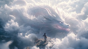 Extreme top view, distant view,Boy rides acomplete Chinese white dragon, dragon in chinesemythology,the dragon is kindombination of mysteryand ancient, epic, film lighting, redshift, blender,Thebottom of the screen is the human world,DJI droneperspective, magnificent, hyper-realistic, detaileddescription, UHD, 8K,photography photos,movie posterv 6.0