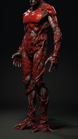 地面，红色液体，一只人手模型，一只人腿模型，各种肢体模型，人头模型，暗黑