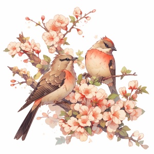 中国风格艺术插画与复古印刷技术赋予鸟类和植物的艺术