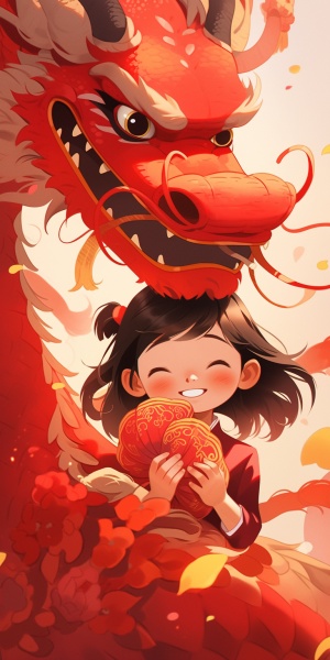 中国龙年，红色的龙和红色背景，龙是画面主题，小女孩抱着花在笑，小女孩在龙的前面，在fawncore的风格，32k uhd，漫画样插图，solapunk，钱轩，色彩强度，独特的人物设计