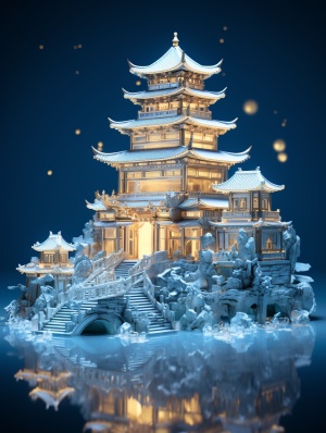 水晶玲珑塔，中国古典建筑，微缩点亮的亚洲宝塔，以梦幻般的城市景观风格，淡青色与金色，精致的梦幻世界，层层叠叠的半透明，错综复杂的城市景观，精心设计