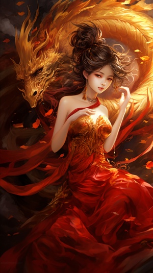 金色龙腾绘：神秘红衣少女与龙的华丽相遇