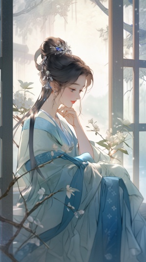 古代美女，身穿湖蓝色汉服，头戴漂亮的头饰，倚在窗户边坐着望上远方，白天有阳光