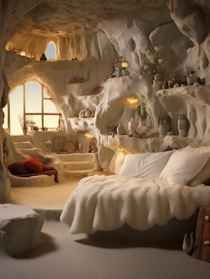 cozy bedroom with a bed in a cavcozy bedroom with a bed in a cave, in the style of storybook-esque, pilesstacks, eroded interiors, depiction of everyday life, [paolo soleri], lively interiors, white and ambere, in the style of storybook-esque, pilesstacks, eroded interiors, depiction of everyday life, [paolo soleri], lively interiors, white and amber
