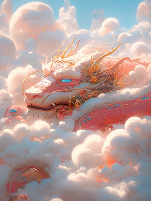 red dragon sleeping on clouds, translucent glasstexture, turquoise and gold style, anime aesthetics,zbrush, furry art, turquoise and white, elaborate design,whimsical cats, 3d, bubble mart, oc rendering, softlighting ar 6:9 s 250 v 6.0