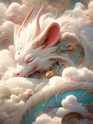 red dragon sleeping on clouds, translucent glasstexture, turquoise and gold style, anime aesthetics,zbrush, furry art, turquoise and white, elaborate design,whimsical cats, 3d, bubble mart, oc rendering, softlighting ar 6:9 s 250 v 6.0