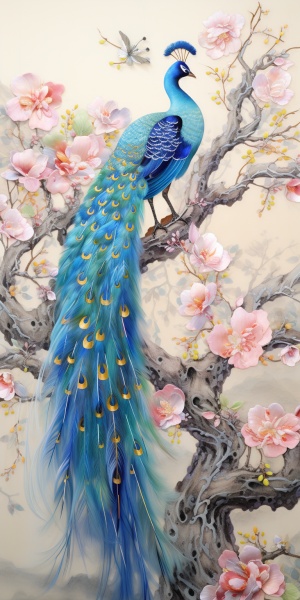 中国风格百鸟朝凤艺术刺绣与鸟类国风工笔画的精致细腻