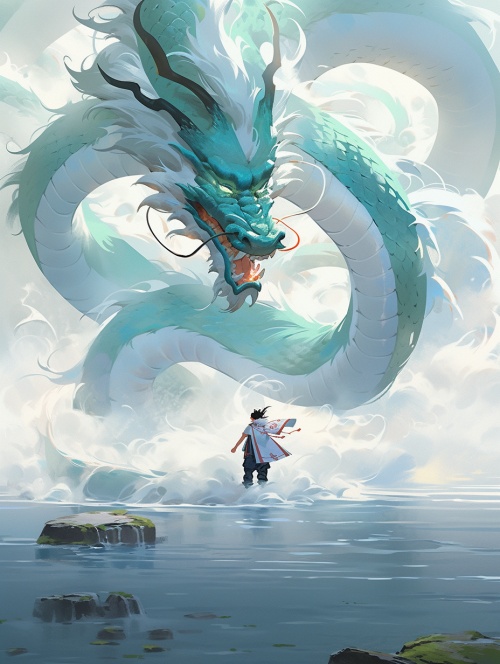 A white Chinese dragon swims on the lake, spittingwater out of its mouth, Chinese legendary dragon,Thedragon is very long. A boy wearing Tang Dynastycostume is about to touch the dragon with his hand.A circle of ripples is formed on the water Droneperspective, blue-greenlake water, Chinese MartialArts World, Chinesemythological scenes, Bright colors,SunlightTransparent lake water, megalophobia, byTsuiHark, Chinese movie Big Fish and Begonia,Thereare leaves in the corners of the composition,Verydesign compos