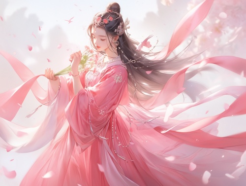 中国古代少女，仙气飘飘，粉色衣服，3D画面