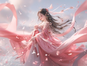 中国古代少女，仙气飘飘，粉色衣服，3D画面