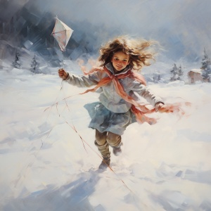 冰天雪地里的小女孩放风筝