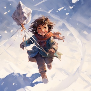 冰天雪地里的小女孩放风筝