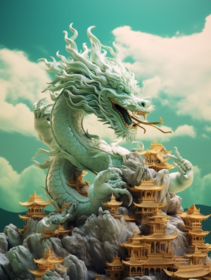 miniature landscape,golden dragonon clouds,jade sculpture,zbrush,green andgold style,anime aesthetics,furry art,cyan andwhite,elaborate,3d,c4d rendering,8k,super high detail，3D渲染