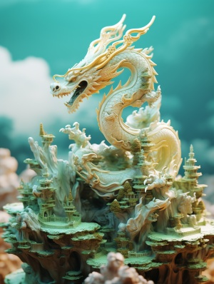 miniature landscape,golden dragonon clouds,jade sculpture,zbrush,green andgold style,anime aesthetics,furry art,cyan andwhite,elaborate,3d,c4d rendering,8k,super high detail，3D渲染