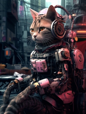 一个机械猫，背景是赛博朋克风格