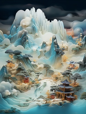 千里江山图，鎏金描边，多彩云海背景，玉雕，透明，光绘摄影，琉璃，发光，青绿色，王希孟，立体感，缩微景观，景深，超精细画质，3D渲染