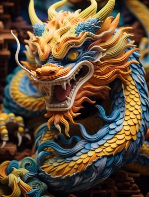 一个蓝色和金色的中国龙的形象，中国古风背景，充分的身体，可爱，笑，滑稽的动作，它是由羊毛纹理，提线木偶，羊毛工艺，现实主义的细节，概念刺绣，深黄色和光靛蓝，强烈的特写镜头，纸雕塑，超现实的动物插图，3D渲染，-AR3:4-S1000