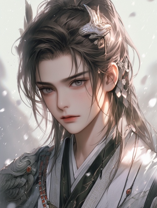 中国古代明代风格，一个穿着白色铠甲的18岁少年束发， 明眸皓齿，眼神哀伤，英俊潇洒，破碎感，中景唯美风格，超高清画质，36k