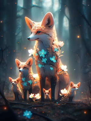 一群未来主义的小鹿和狐狸，大的小的，发光的花朵，在森林里，由玉石，玻璃，薄膜涂层，自然光，发出辉光，微距自然摄影，精致的幻想世界，3D渲染，超真实，超高清画质