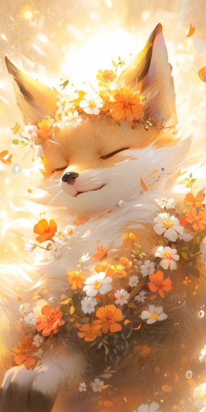 可爱狐狸卡通花卉，8K超高清超细节渲染