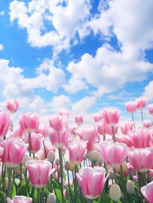 清晨阳光下的粉色郁金香与蓝天白云