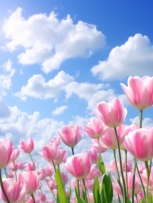 清晨，阳光轻柔，3－5支粉色郁金香，仰拍实景，可以看见蓝天白云