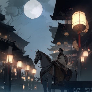 动漫古风，一个古镇上，一个背刀的侠客牵着马，天上有月亮，路边有灯笼