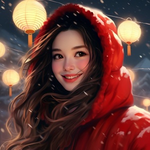 新年头像：明媚笑容、红色衣服、雪景灯笼