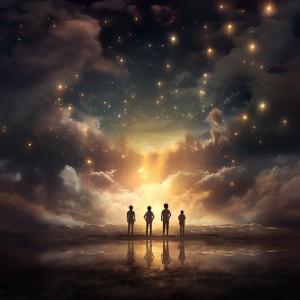 四五个虔诚的人背对世界漂浮在黑暗厚重的云层之中手上泛起点点星光