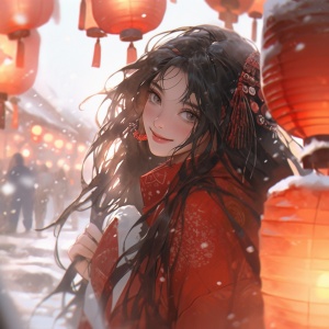 新年头像：明媚笑容、红色衣服、雪景灯笼