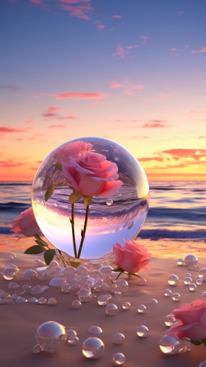 傍晚沙滩上的美丽玫瑰与绚丽水晶