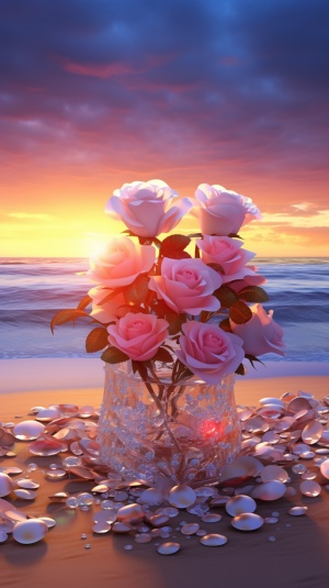 傍晚沙滩上的美丽玫瑰与绚丽水晶