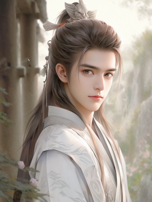 中国古代明代风格，一个穿着白色铠甲的18岁少年束发， 明眸皓齿，眼神犀利，英俊潇洒，破碎感，中景唯美风格，超高清画质，36k