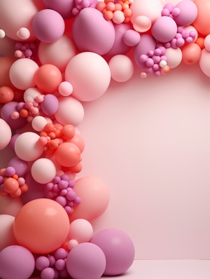 纯色的背景墙，多巴胺色的气球拱门，有插花，高清，马卡龙色