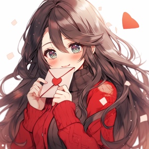 一个可爱优雅漂亮的长发女孩，穿着红色毛衣，手里拿着一个红包，表情开心，可爱，甜美