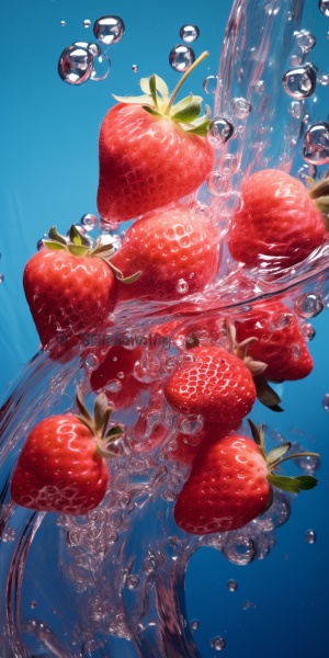 镜头特写，水下草莓，气泡，被泡在水里的草莓ins风格，粉色唯美，阳光洒在水里，光影