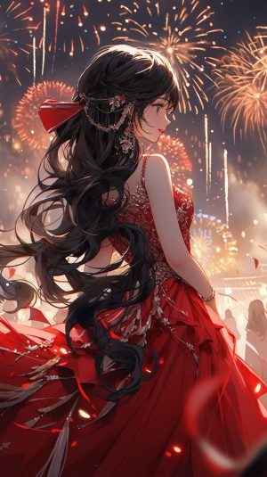 一位身材完美, 体态优雅的, 皮肤白皙, 长头发的, 漂亮的, 年轻中国女孩, 穿着红色高级定制礼服裙子, 看灿烂礼花的背影，背影，背影