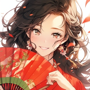 一个中国女孩，可爱优雅漂亮，盘发，穿着红色毛衣，手里拿着一把红色的扇子，表情开心，可爱，甜美，动作大方舒展