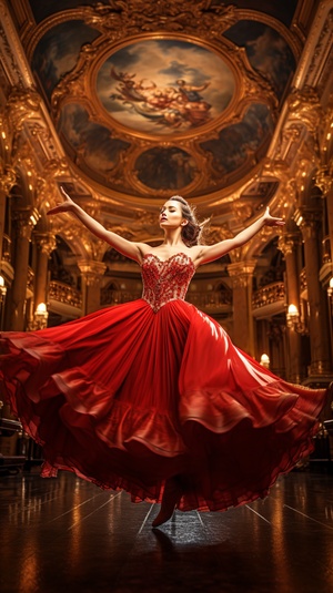 A graceful ballerina in a vibrant red dress leaps through the air, with her arms extended gracefully and her toes pointed, surrounded by a grand opera house filled with ornate gold decorations and elegant chandeliers, a sense of anticipation and excitement fills the air, captured with a wide-angle lens to capture the full grandeur of the scene, realistic 亚洲面孔！