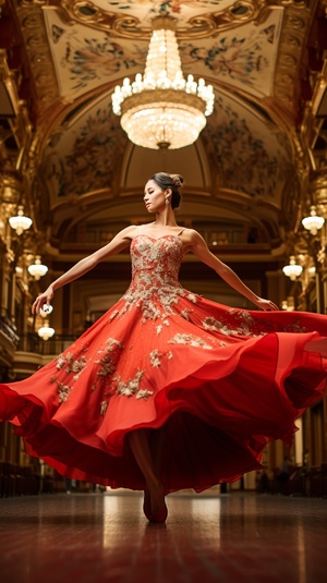 A graceful ballerina in a vibrant red dress leaps through the air, with her arms extended gracefully and her toes pointed, surrounded by a grand opera house filled with ornate gold decorations and elegant chandeliers, a sense of anticipation and excitement fills the air, captured with a wide-angle lens to capture the full grandeur of the scene, realistic 亚洲面孔！