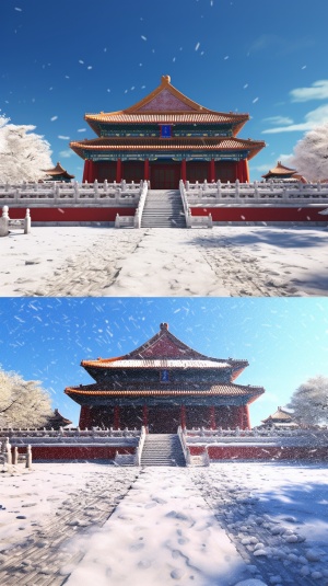 冬天里，雪花飞舞，北京故宫屋顶都覆盖着一层薄薄的雪，非常壮观，一缕缕阳光照射下，格外好看