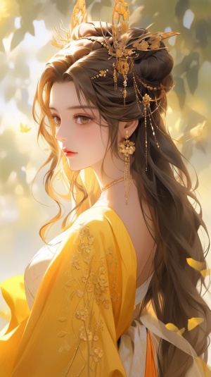 金黄色古装女子妆容精致的中国古风
