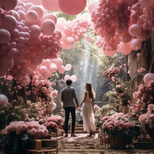浪漫粉色求婚：花海与气球相伴