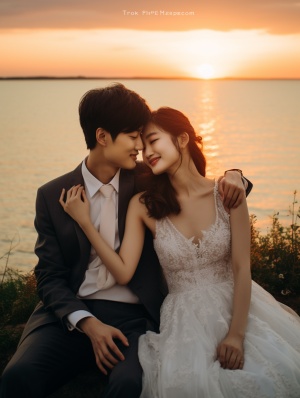中国夫妻海边落日结婚开心